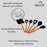 Vista 3 de Juego completo de utensilios de cocina Utensilios de silicona y madera, soporte para cucharas, soporte para utensilios, alfombrillas antiadherentes