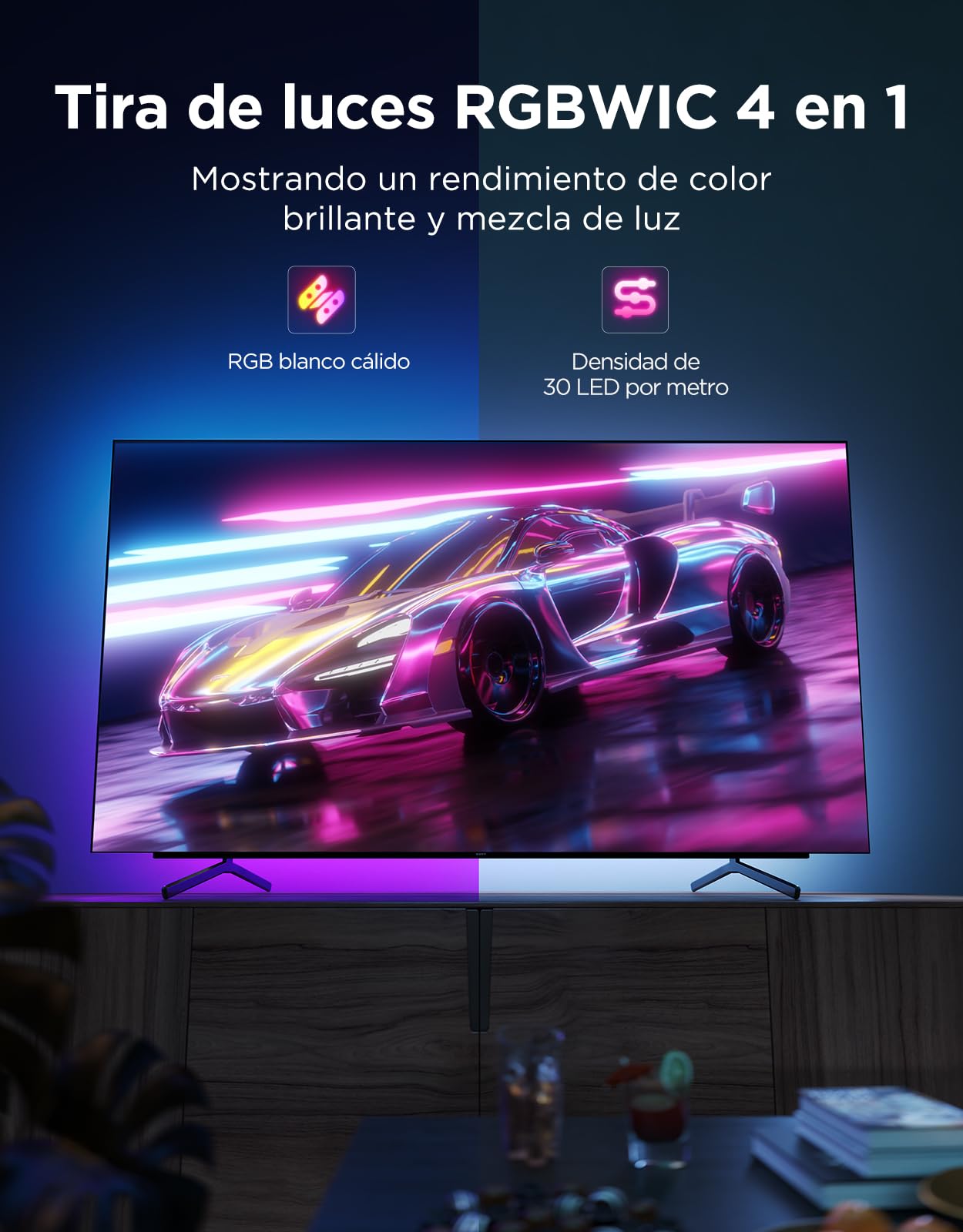 Govee Luz LED Trasera TV 2 para TVs 32-70 pulgadas | RGBWIC 4,4m Recortable, Fácil Instalación, 210+ Modos, Compatible con Matter, Sincronización Musical