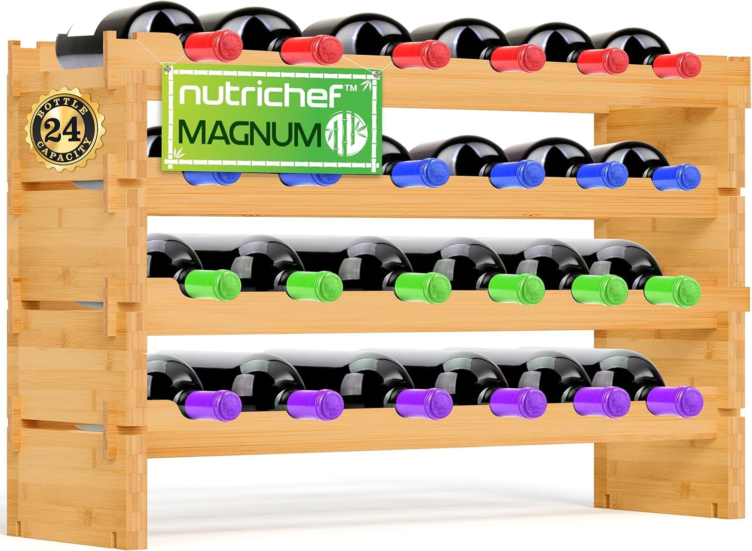 NutriChef Magnum Oversize 24 Bottle Stackable Modular Wine Rack, Upgraded 1” Thick Sideboard, .5” Rack Sticks, Sturdy Wobble Free Natural Bamboo Construction with Anti Moisture Protective Finish