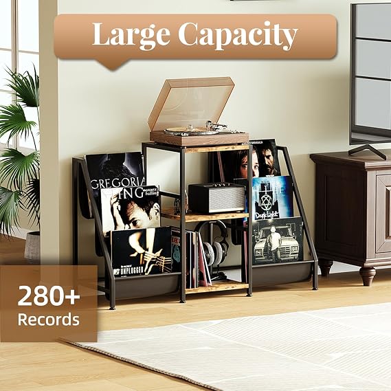 CAIYUN Record Player Stand Storage with 3-Tier and Fabric Drawer, Turntable Table Holds Up to 280 Albums, Cabinet CD Rack for Living Room, Retro Side Table, Rustic Brown Display Shelf