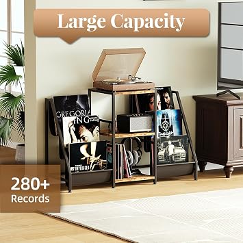 CAIYUN Record Player Stand Storage with 3-Tier and Fabric Drawer, Turntable Table Holds Up to 280 Albums, Cabinet CD Rack for Living Room, Retro Side Table, Rustic Brown Display Shelf