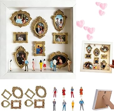 DIY Mini Museum Silhouette Box Shadow Box Frame Kit with Gold Mini Frames & Figurines, DIY Photo Family Memory Display Case Frame Silhouette Boxs for Anniversary Home Decor White