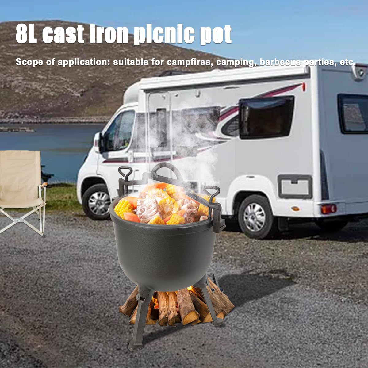 Marmite à goulasch 8 l - Chaudron en fonte - Avec pieds et couvercle - Cuisine en plein air