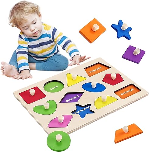 FZLMYANGNDQZ Rompecabezas Montessori de madera con forma de madera para bebés, rompecabezas de forma geométrica con perilla de tabla, rompecabezas