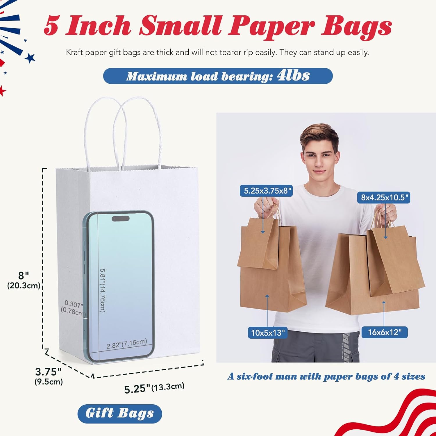GSSUSA 200 Pack 5.25x3.75x8 Inch Small Paper Gift Bags with Handles Bulk, White Kraft Bag for Small Business, Sturdy Grocery Retail Shopping Birthday Wedding Party Favor Craft Bag - Image 2