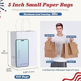 GSSUSA 200 Pack 5.25x3.75x8 Inch Small Paper Gift Bags with Handles Bulk, White Kraft Bag for Small Business, Sturdy Grocery Retail Shopping Birthday Wedding Party Favor Craft Bag