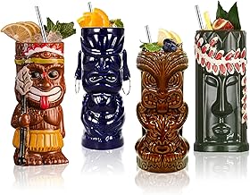 Cocktail Tiki Mugs Set Of 4 - Exotic Frosted Mug With 4 pack Straws and Fruit Picks,Cute Ceramic Cocktail Glasses For Hawaiian Style Party,Tropical Cocktails Drinkware For Tiki Bar