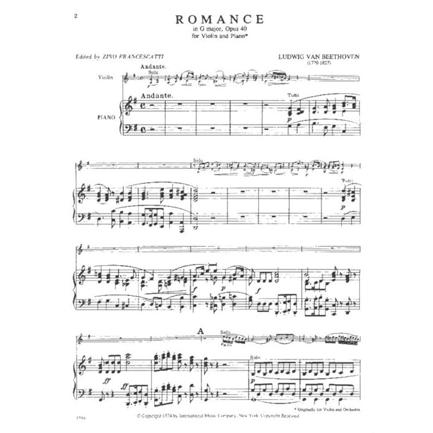 Beethoven Ludwig Two Romances Op. 40 and 50 Violin and Piano by Zino Francescatti - International      Sheet music