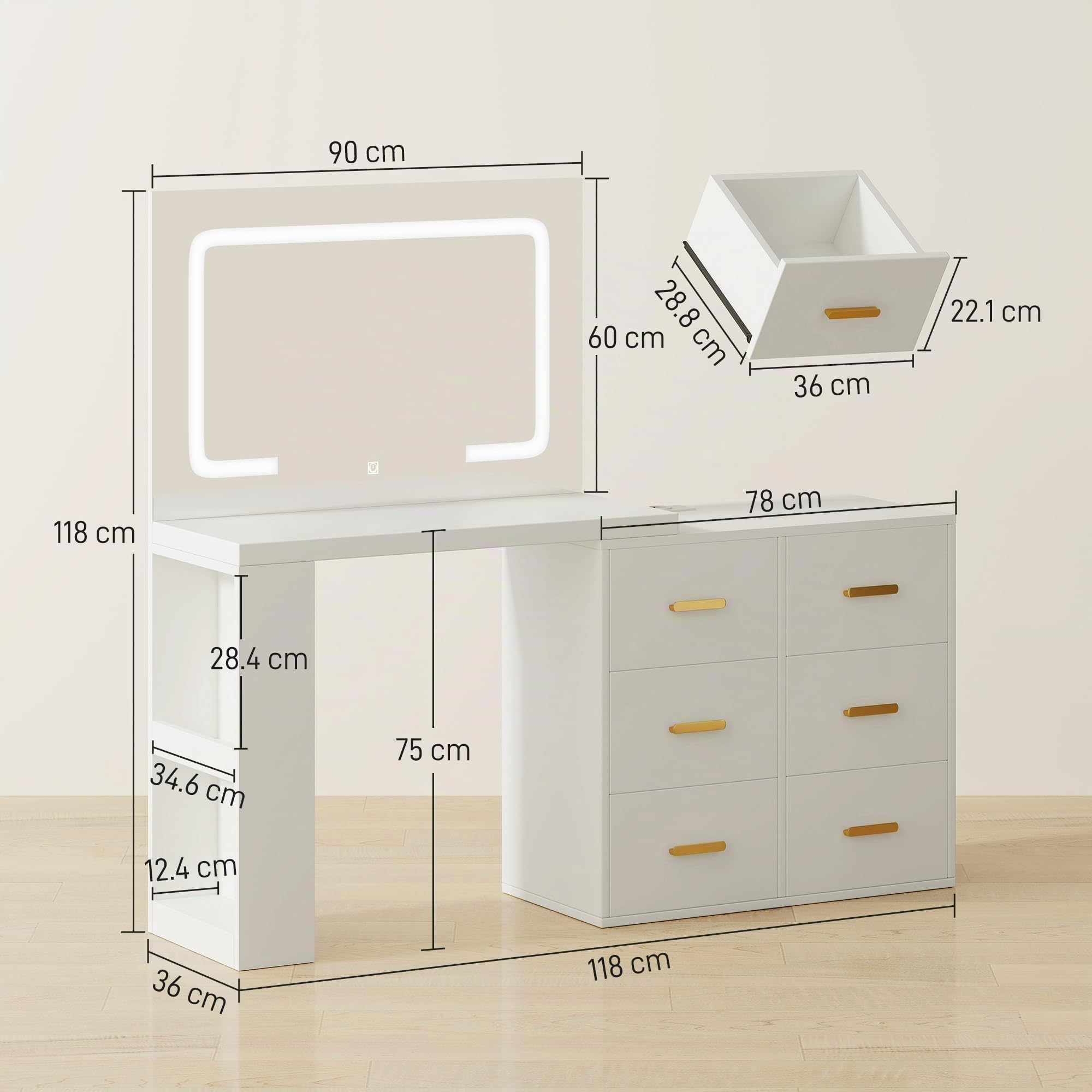 HOMCOM Postazione Trucco con Luci LED 3 Colori a L o Affiancata Bianco | Luminosità Regolabile, Toeletta Trucco, Prese Elettriche, Cassetti Soft Close, Ripiani, Specchio, per Camera da Letto
