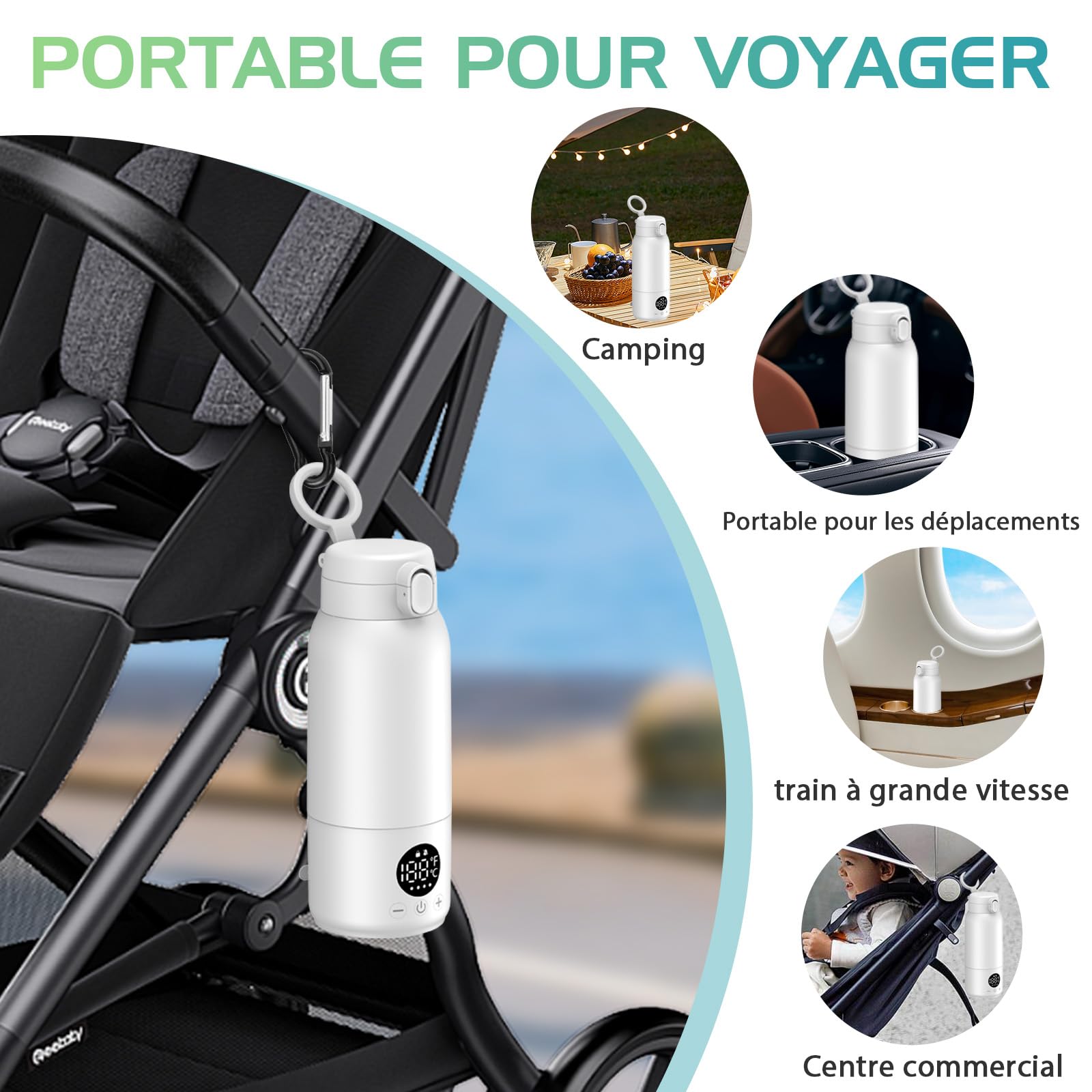 Chauffe Biberon Portable, 500ml Baby Chauffe Biberon Nomade Portable avec Chauffage Rapide et Contrôle Précis de la Température, pour Lait Maternel et Eau