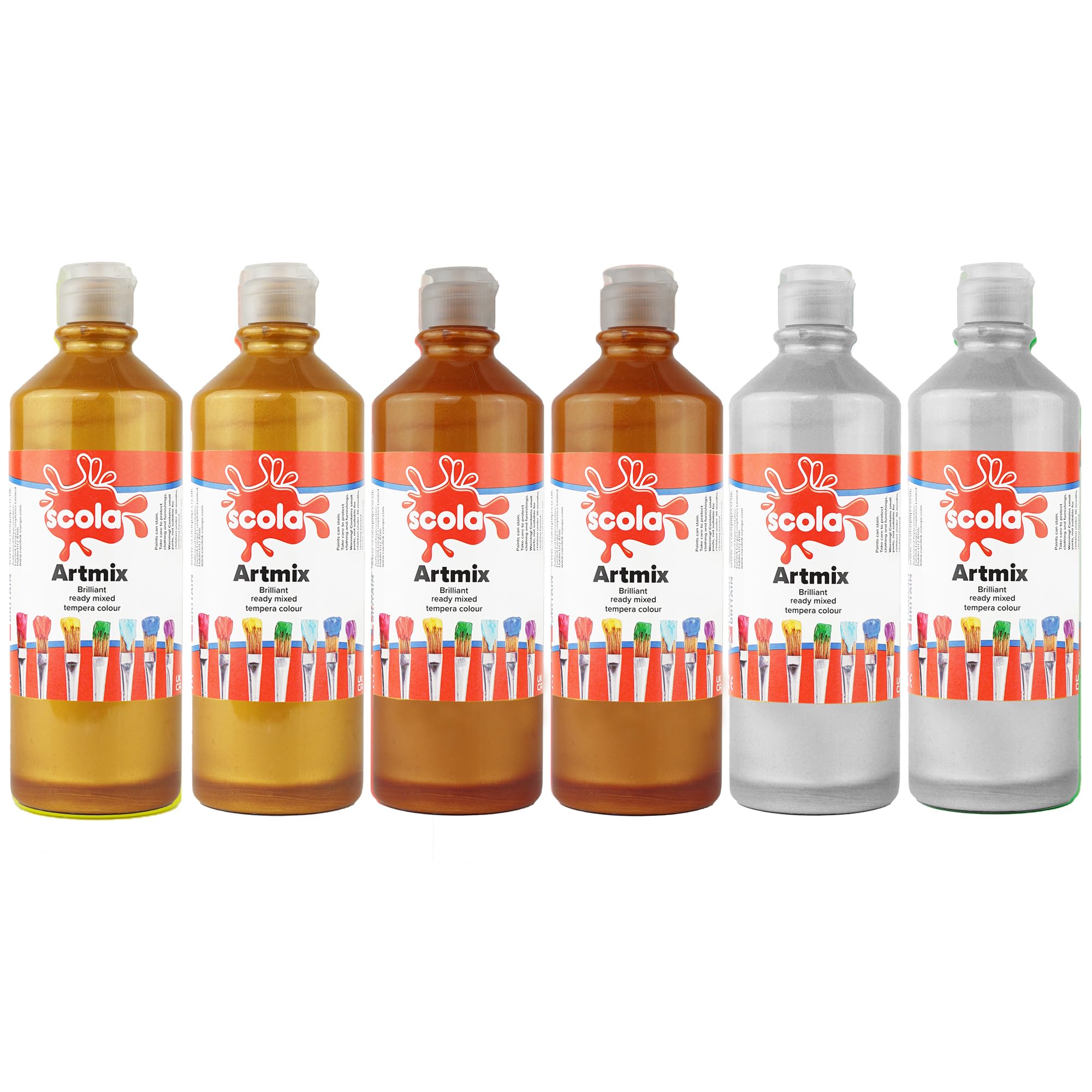 Scola Readymix Water Based Tempera Paint, 6 Assorted Metallic Colours, 600ml Bottles, Safe Non-Toxic Poster Paints, Craft Projects, Suitable for 3+