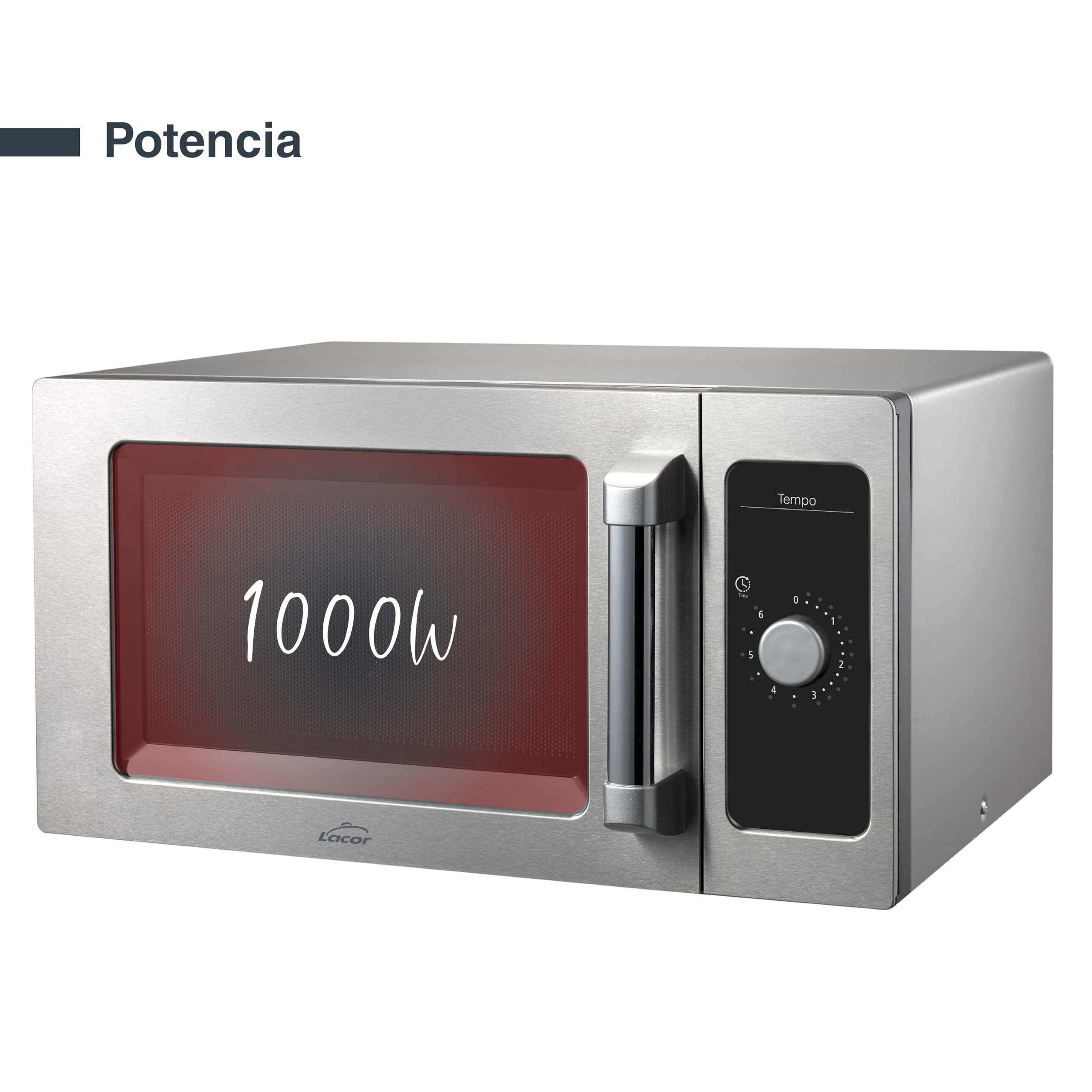 Lacor - 69329 - Microondas Tempo, Acero Inoxidable 18/10, Calentamiento Homogéneo, 1550 W, Uso Profesional, Cavidad Interior de Acero Inoxidable, Apto para Platos Grandes, 51x43x31 cm
