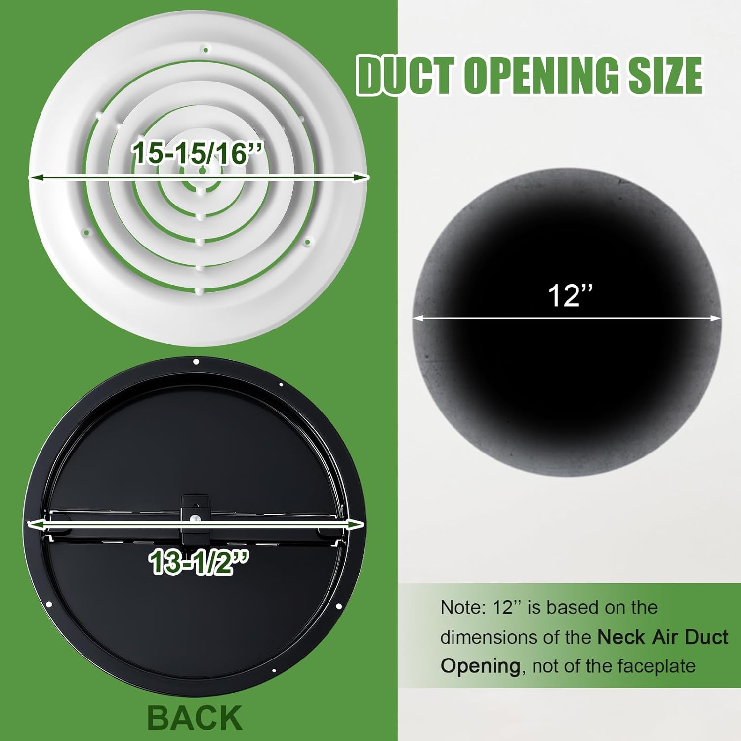 therwen 1 set 12 inch round vent cover ceiling diffuser hvac vent duct cover replacement with steel butterfly damper fitting in 12 inch duct, outer dimensions: 15-15/16" 12 inch white and black 1