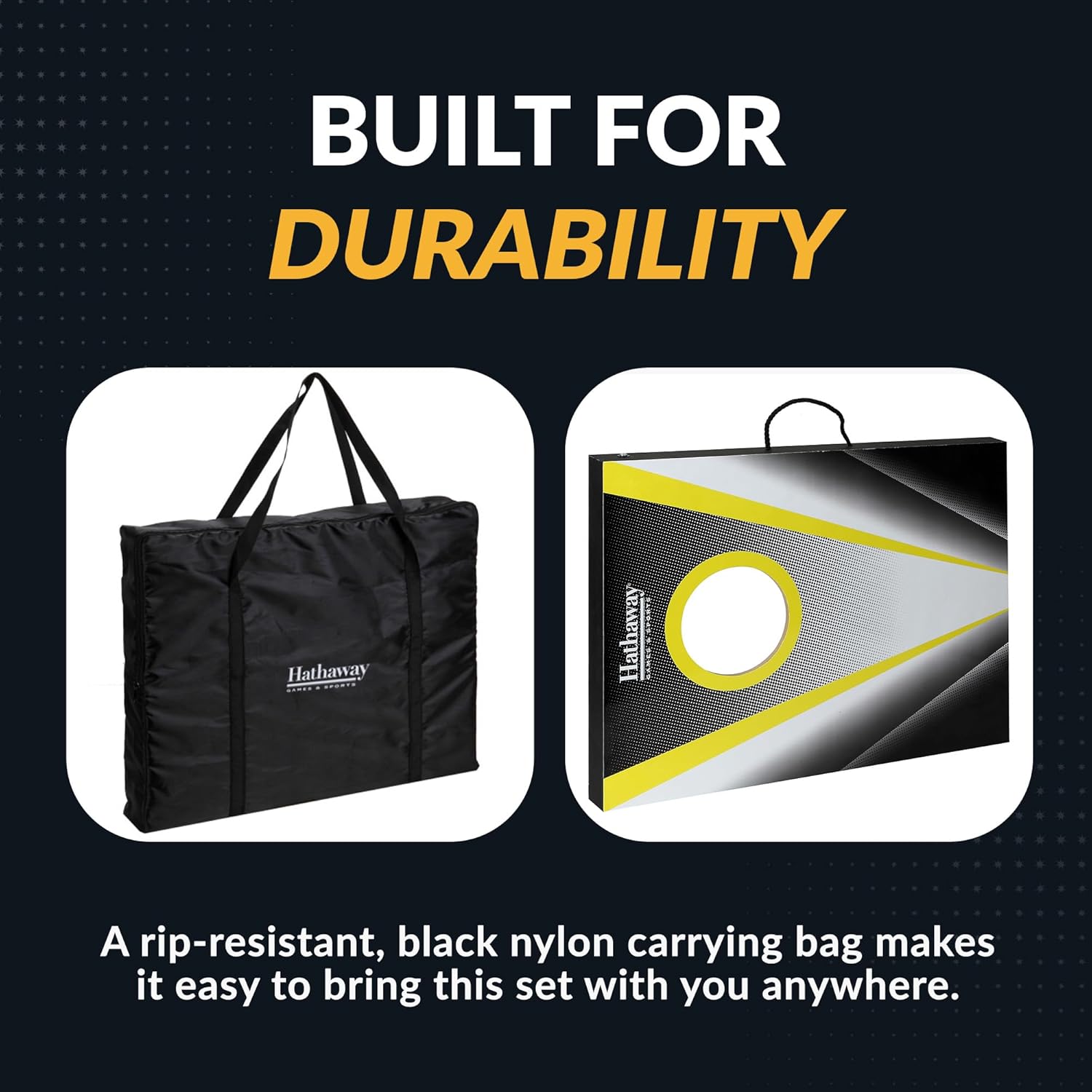 Hathaway Compact Cornhole Bean Bag Toss Game Set – Includes 2 Target Boards, 8 Bean Bags in Black and Yellow, and Carrying Case – Portable Cornhole Board Set for Outdoor Games