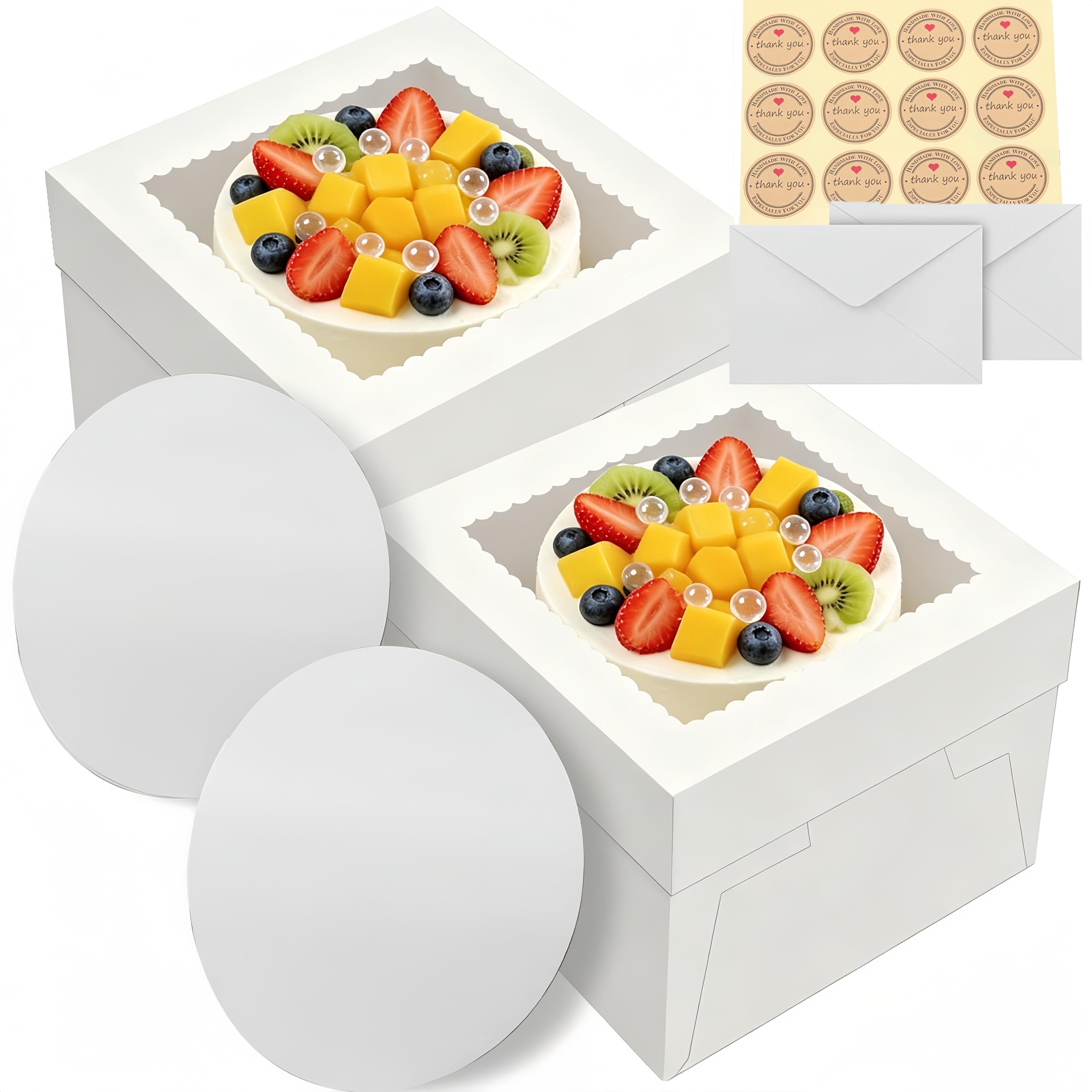 12 Inch Tall Cake Box with Boards (2 Pack) - Extra Deep Square Bakery Box, Sturdy Cardboard with Clear Window, Includes Cake Boards, Envelopes & Stickers for Wedding Birthday Celebration Cakes