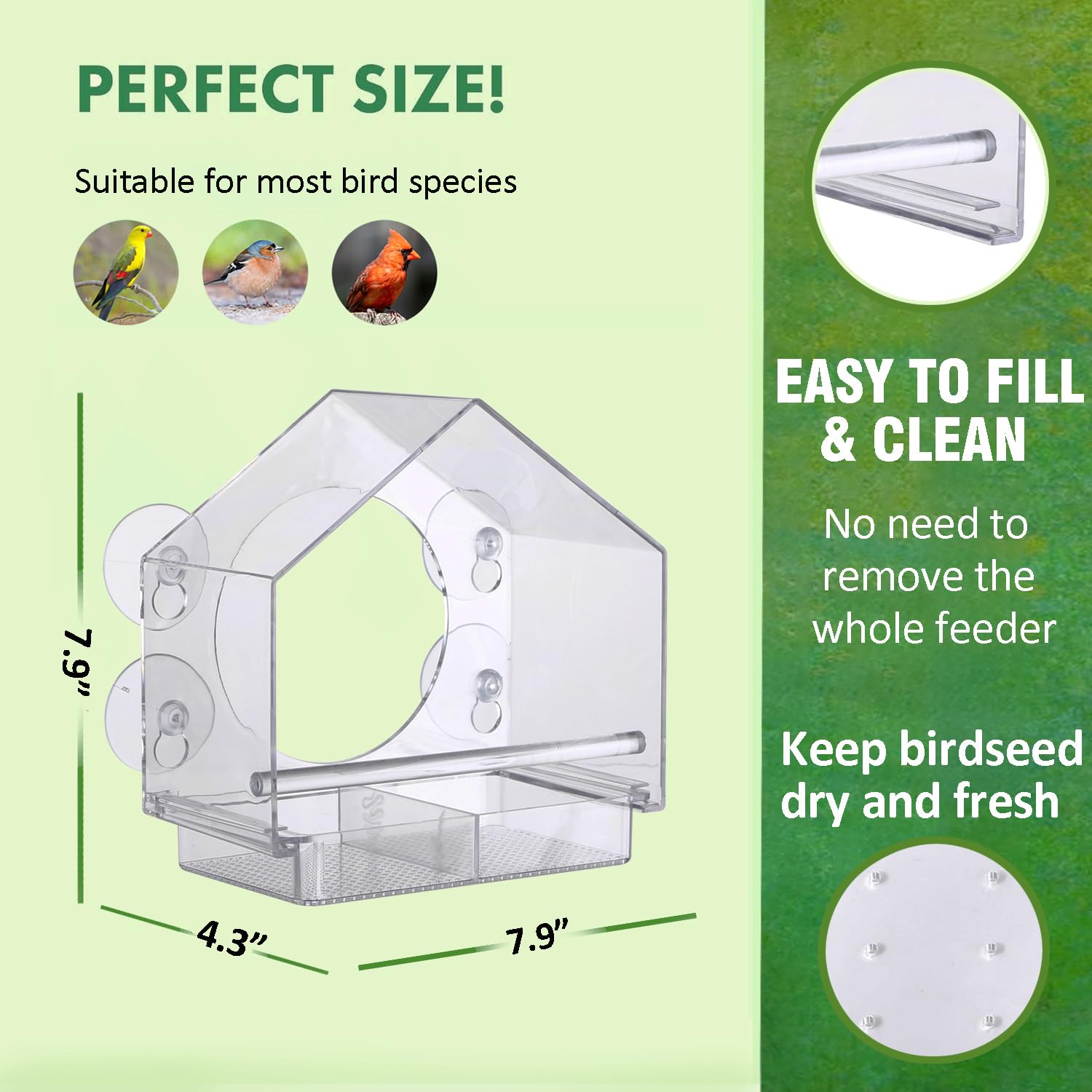 Comederos para pájaros de ventana con ventosas fuertes – Comederos de pájaros de ventana transparente para exteriores – Regalo de observación de aves silvestres, fácil de limpiar, casa de