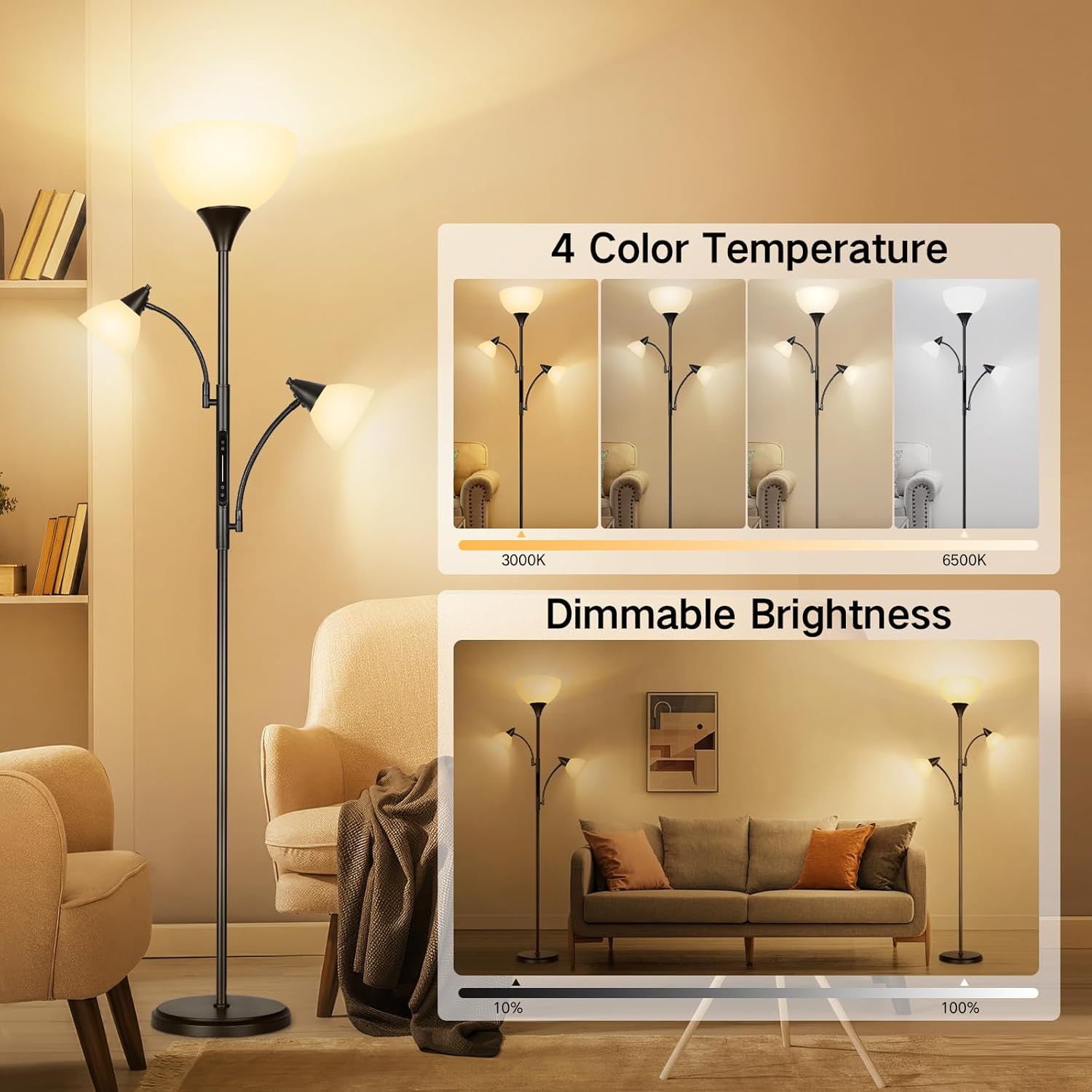 Composite image showing the OUTON floor lamp controlled by remote, touch panel, and smartphone app