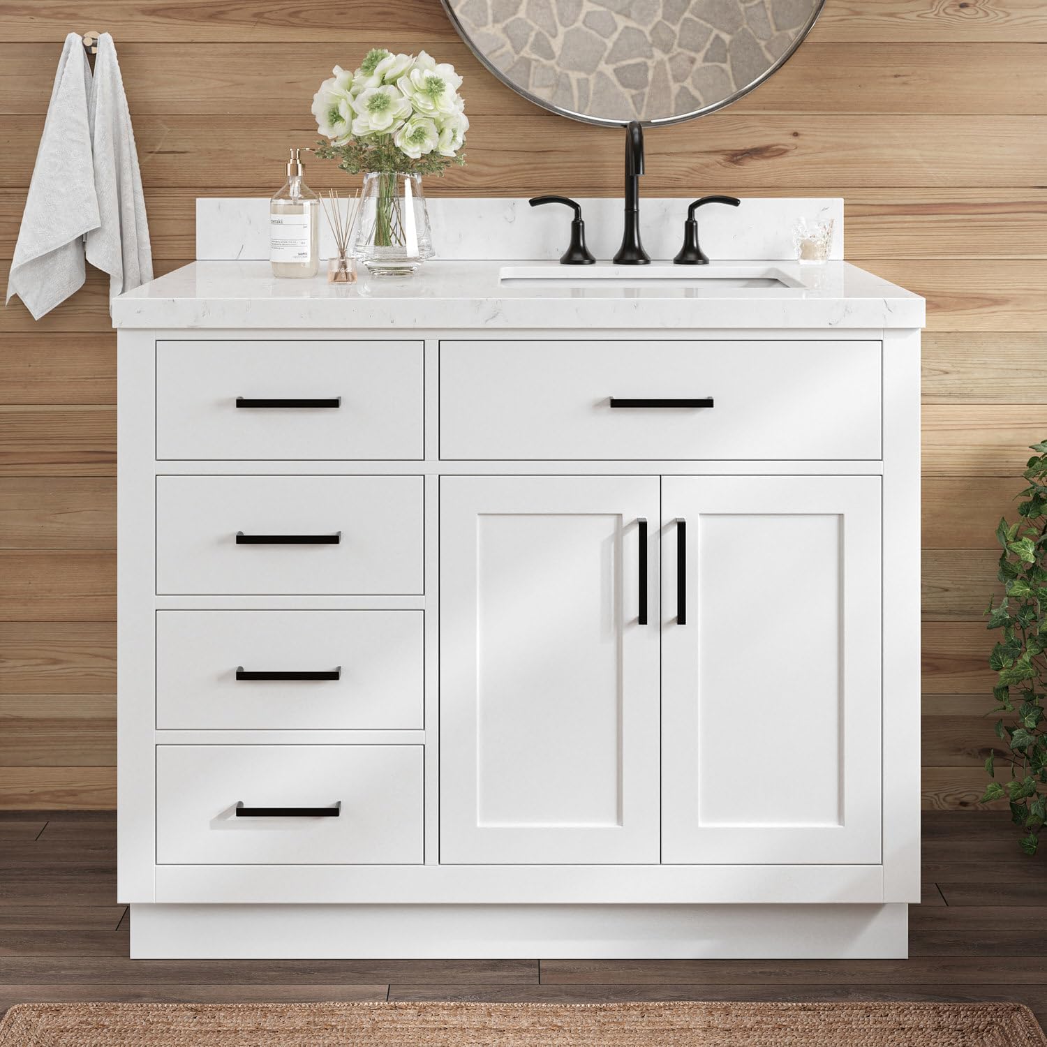 ARIEL Hepburn 42-inch Bathroom Vanity with Sink,Solid Wood, 1.5-inch Carrara White Quartz Countertop & Backsplash, Single Rectangular Porcelain Sink, 2 Soft Closing Doors, 5 Dovetail Drawers, White