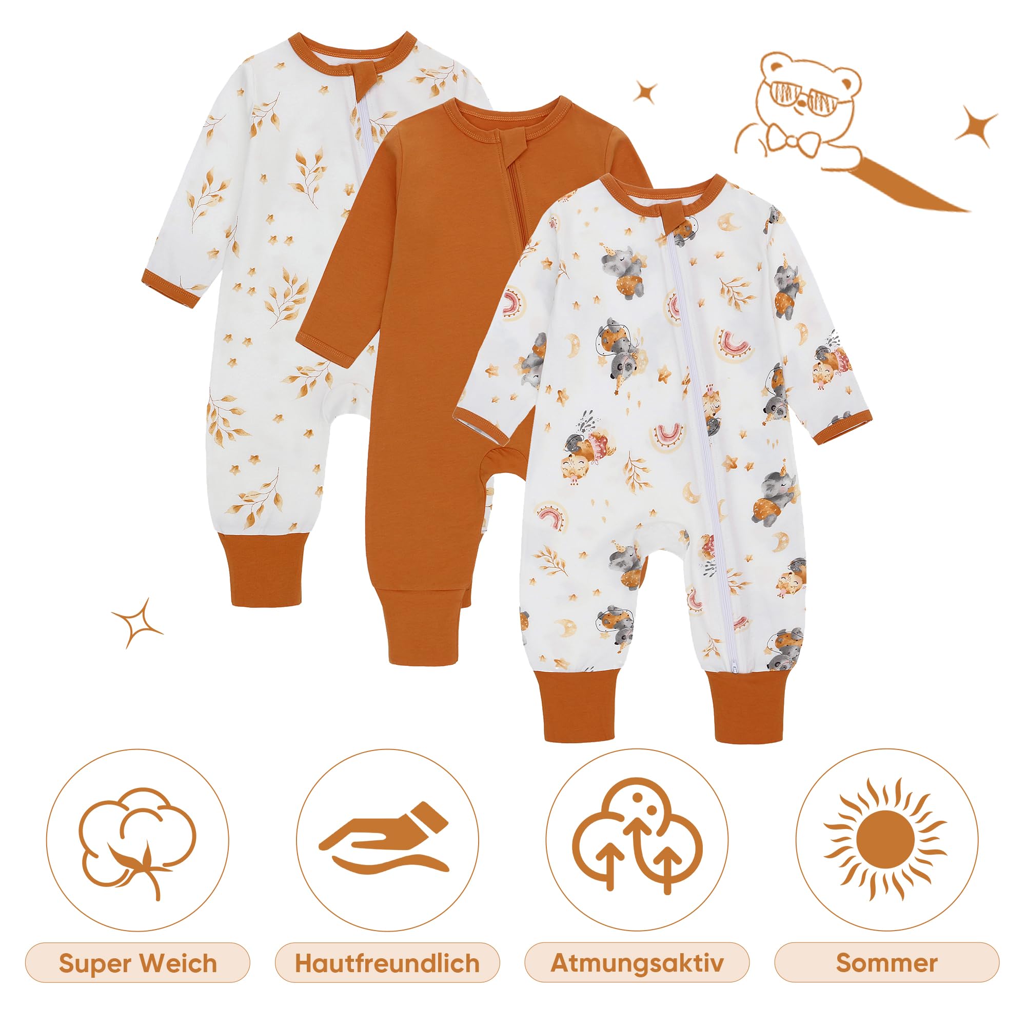 Pack de 3 Pijamas Saco para recién Nacidos, 0,5 TOG, con pies y Mangas, algodón Transpirable. Enterizo Unisex para bebés, Ropa de Manga Larga para bebés, Talla 0-24 Meses