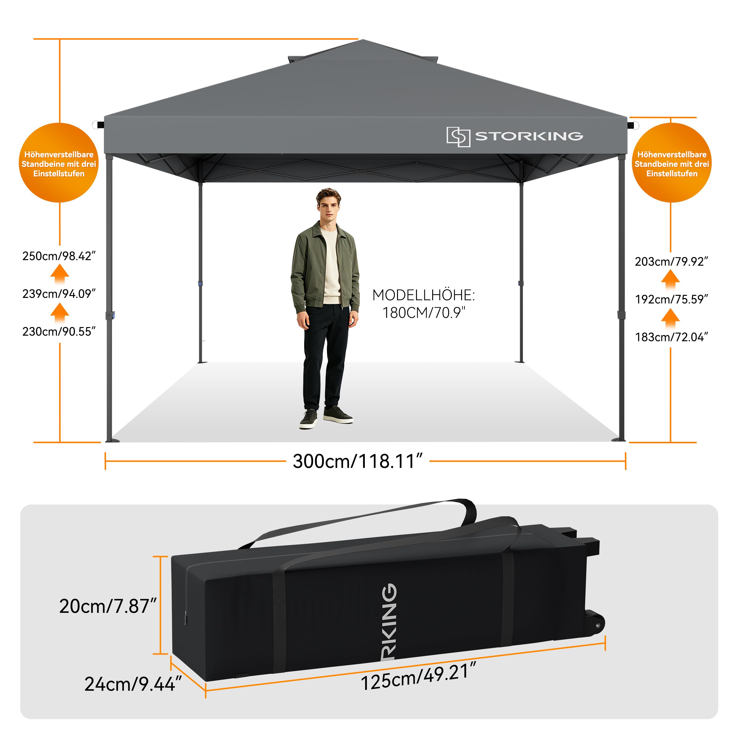 Pop Up Pavillon 3x3 Wasserdicht Stabil, 3 x 3 m Pavillon Mit Seitenwänden, Faltpavillon Partyzelt Faltbar für Camping Party, Höhe,Garten,Verstellbar 230-250cm (Grau, Mit Seitenwände)