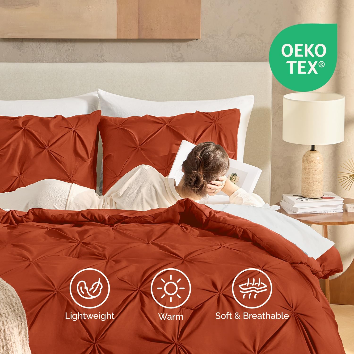 Andency Burnt Orange Pinch Pleat Comforter Twin(66x90Inch), 2 Pieces(1 Pintuck Comforter, 1 Pillowcase) Polyester Pintuck Comforter Set Down Alternative Comforter Bedding Set