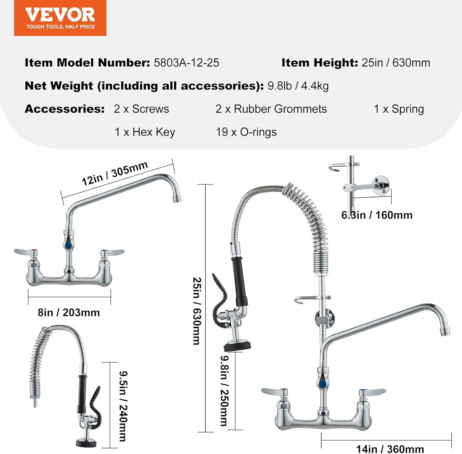 VEVOR Commercial Faucet with Pre-Rinse Sprayer, 25" Height, 8" Center, 12" Swing Spout, Wall Mount Kitchen Sink Faucet, Brass Constructed Device with Pull Down Spray, for 1/2/3 Compartment Sink - Image 7