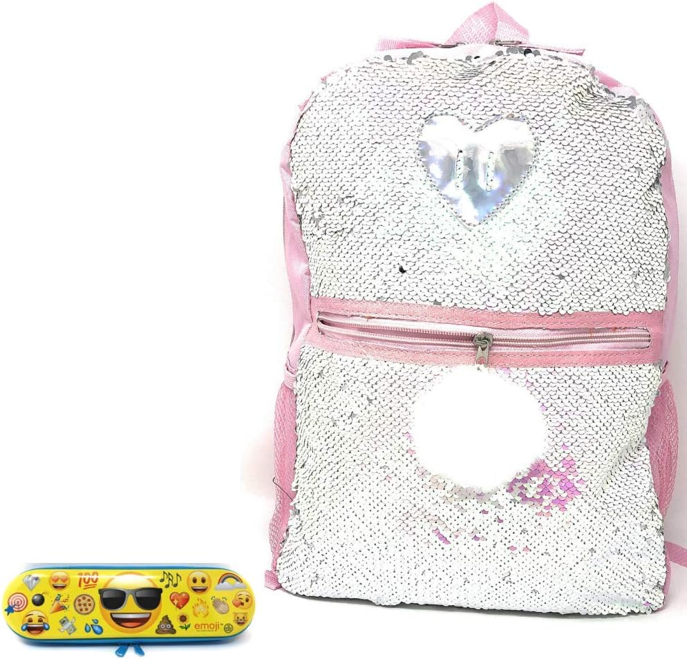 School BackPack 3in1 Pearl/Pink Iridescent 16” Double Sided Sequin W/WhiteFeather Pom Pom and Silver Foil Heart Detail and Emoji Pencil Box