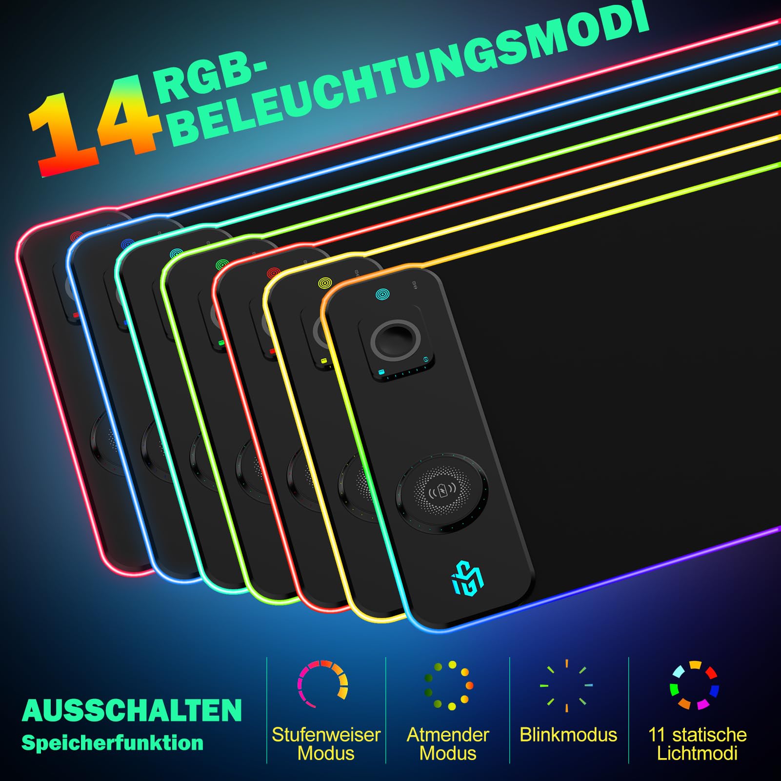 Tappetino per mouse da gaming RGB 15 W Qi, LED, con 10 modalità di illuminazione e 15 W di ricarica rapida Qi, ricarica wireless per iPhone, cuffie, impermeabile, antiscivolo per gaming, scrivanie