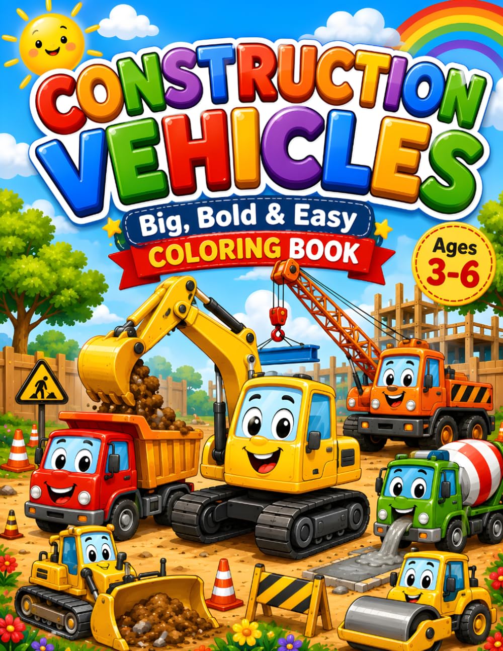 Construction Vehicles Coloring Book for Kids Ages 3–6: 50 Big, Bold & Easy Construction Vehicle Coloring Pages for Toddlers & Preschoolers