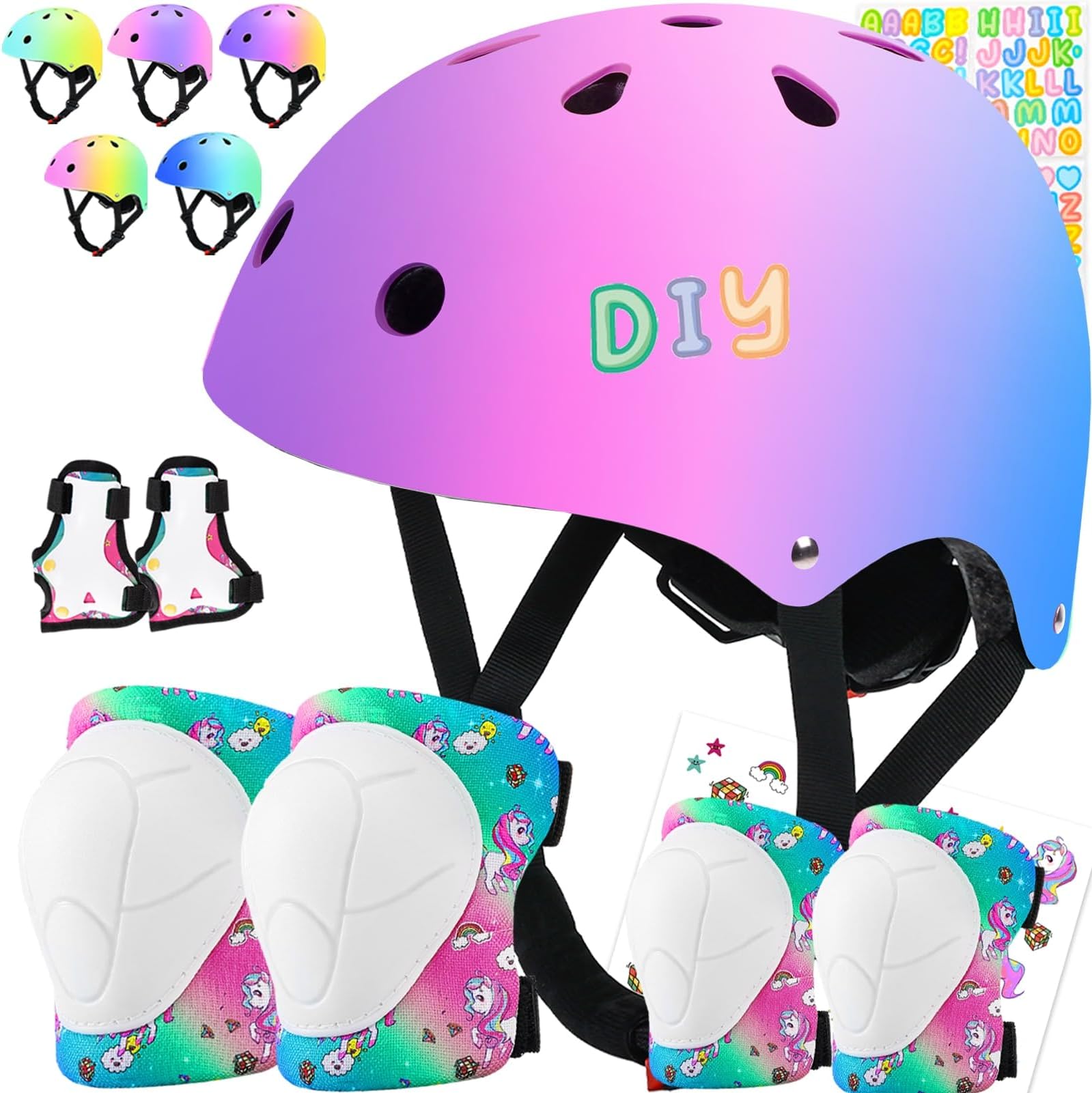 Color Gradient Kids Bike Helmet and Pads Adjustable Helmet for Kids Protective Gear Set with Elbow Knee Pads Wrist Guards for Cycling Bicycle