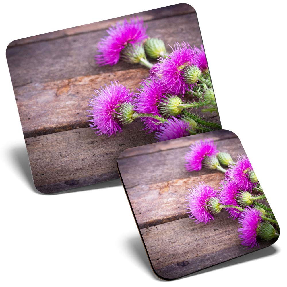 Mouse Mat & Coaster Set - Purple Scottish Thistle 23.5 x 19.6 cm & 9 x 9 cm for Computer & Laptop, Office, Gift, Non-slip Base #3645