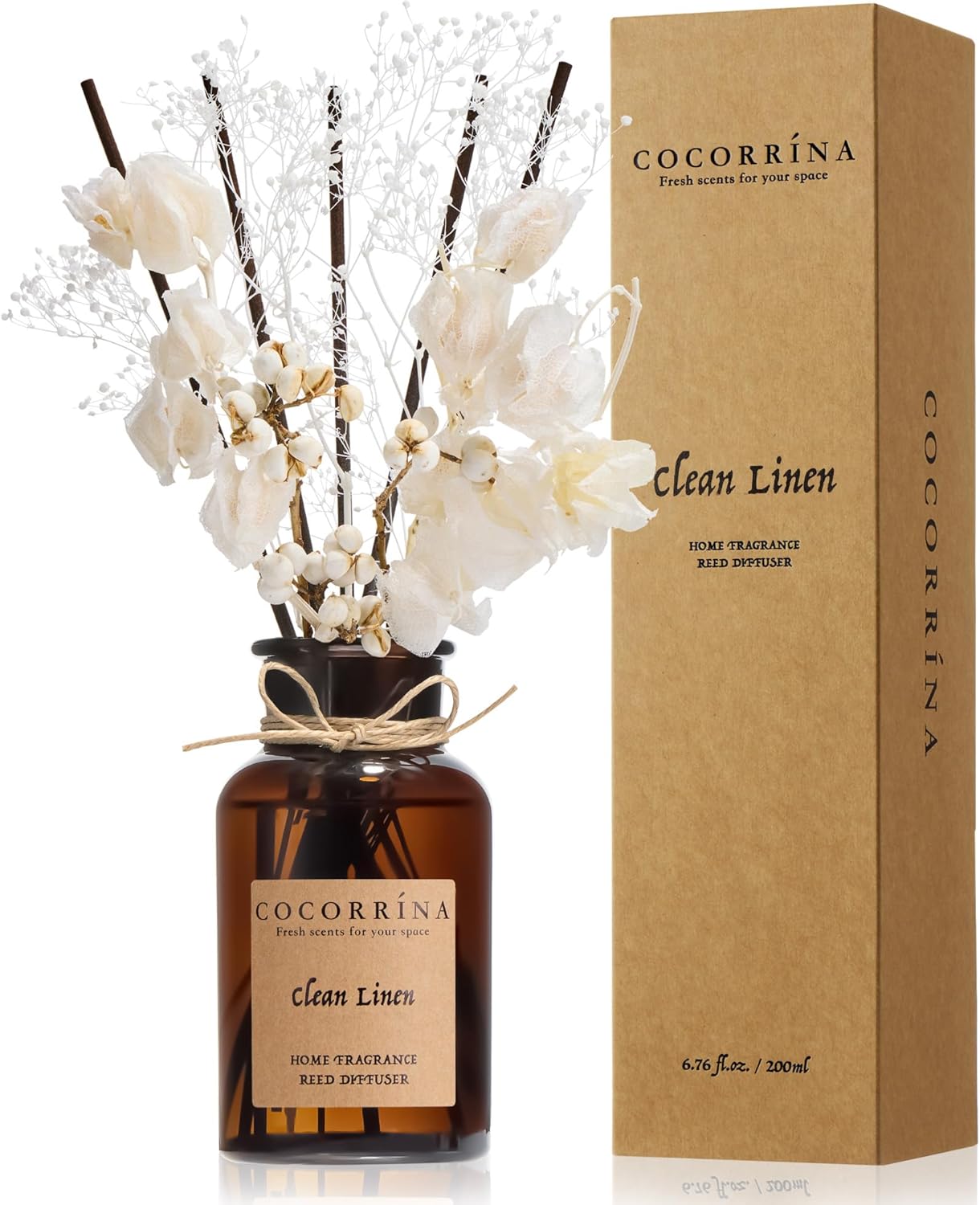 Cocorrína Reed Diffuser Set, 6.7oz Flower Reed Diffuser with Real Preserved Flowers – Clean Linen Scented Oil & Sticks – Long Lasting Home Fragrance for Bedroom Bathroom Shelf Decor