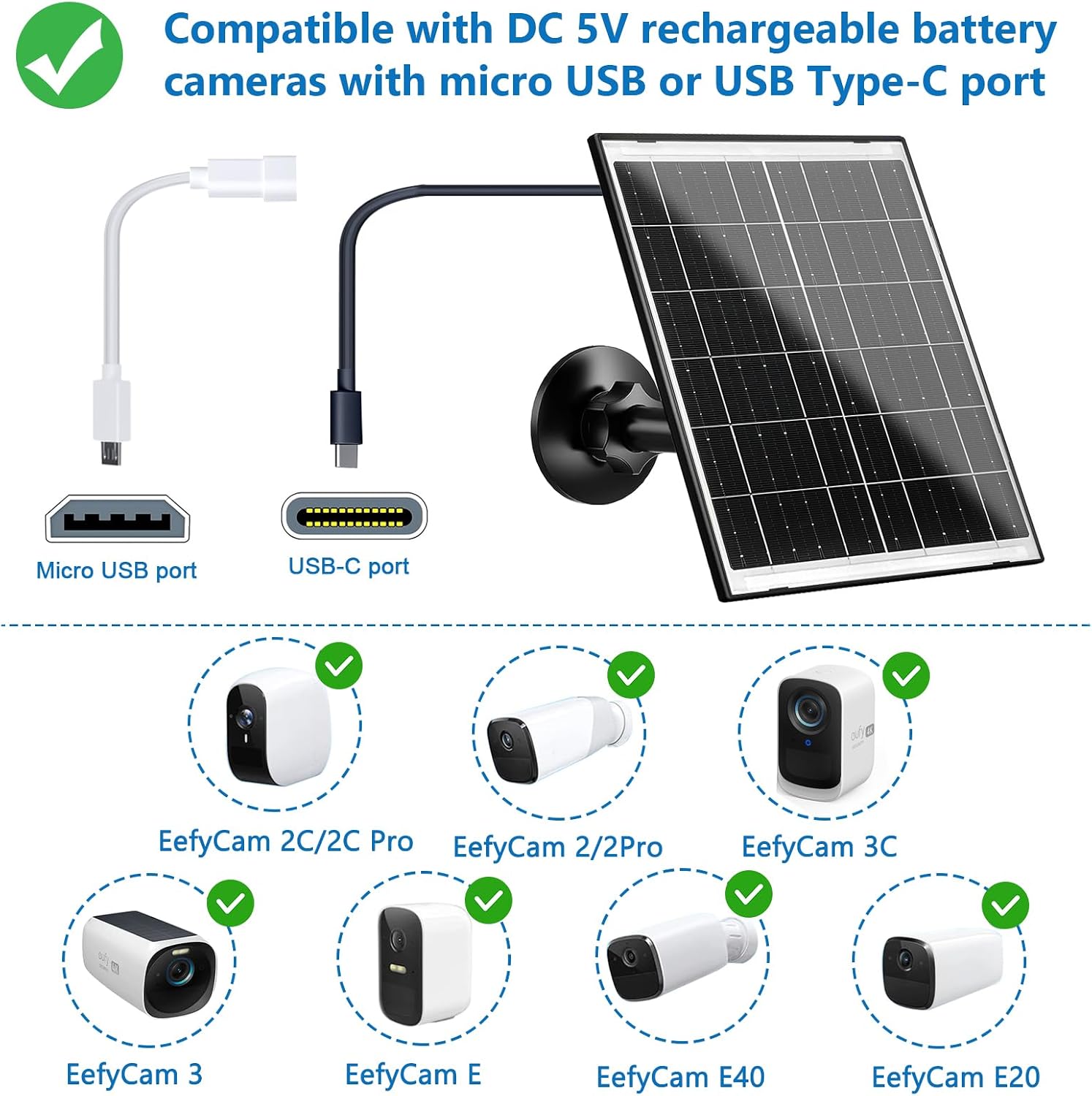 Zivif Solar Panel for Eufy Camera, 10W Solar Charger Compatible with Eufycam 3/3C/2/2 Pro/2C/2C Pro/E/E20/E40/L20/L40, with USB-C Port, Micro USB Adapter & 7.2FT Charging Cable,2 Pack