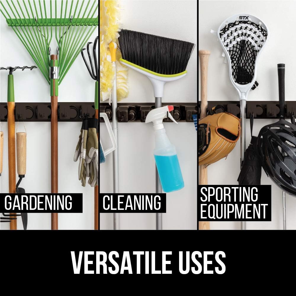 Gorilla Grip Mop and Broom Holder, Easy Install Wall Mount Storage Rack, Organize Cleaning Supplies, Garden Tools, Organizer for Home Kitchen, Garage Closet, Pantry Laundry Room, 5 Slot 6 Hooks, Brown