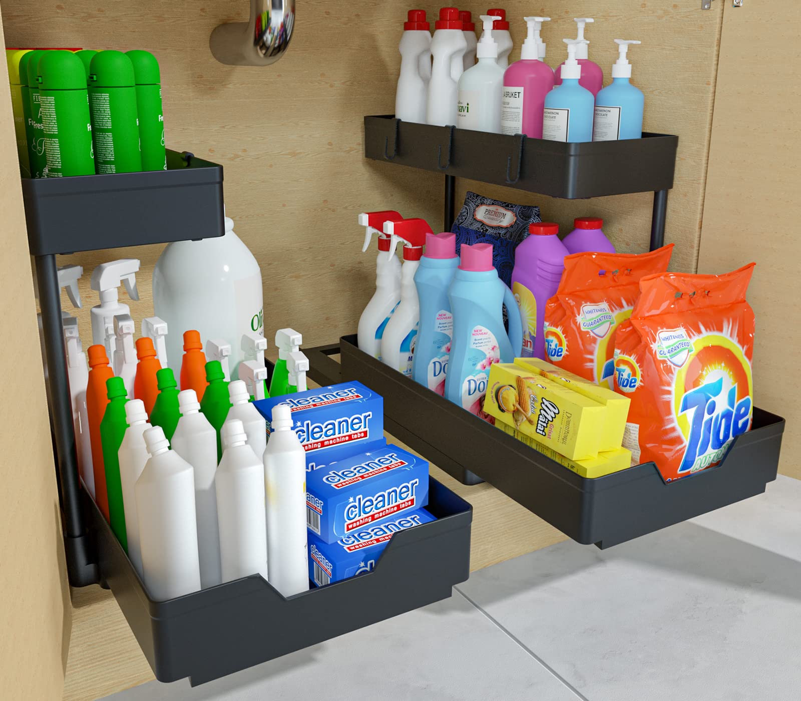 NATURE'S SOURCE 2-stöckiger Unterwaschbecken-Organizer, 2 Stück, verschiebbare L-Form unter dem Badezimmerschrank, Aufbewahrung, Schubladen-Organizer, Mehrzweck-Regal, Küche (schwarz, 2 Stück)