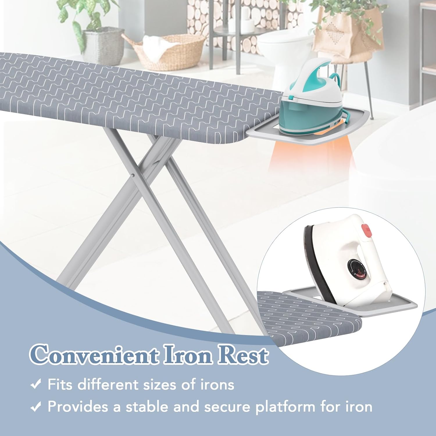 COSTWAY Ironing Board Full Size, 55” x 15” Foldable Iron Stand with Iron Rest, 7 Adjustable Heights & Removable Cover, Heavy-Duty Steel Frame, Portable Ironing Table for Small Place Home Laundry Room