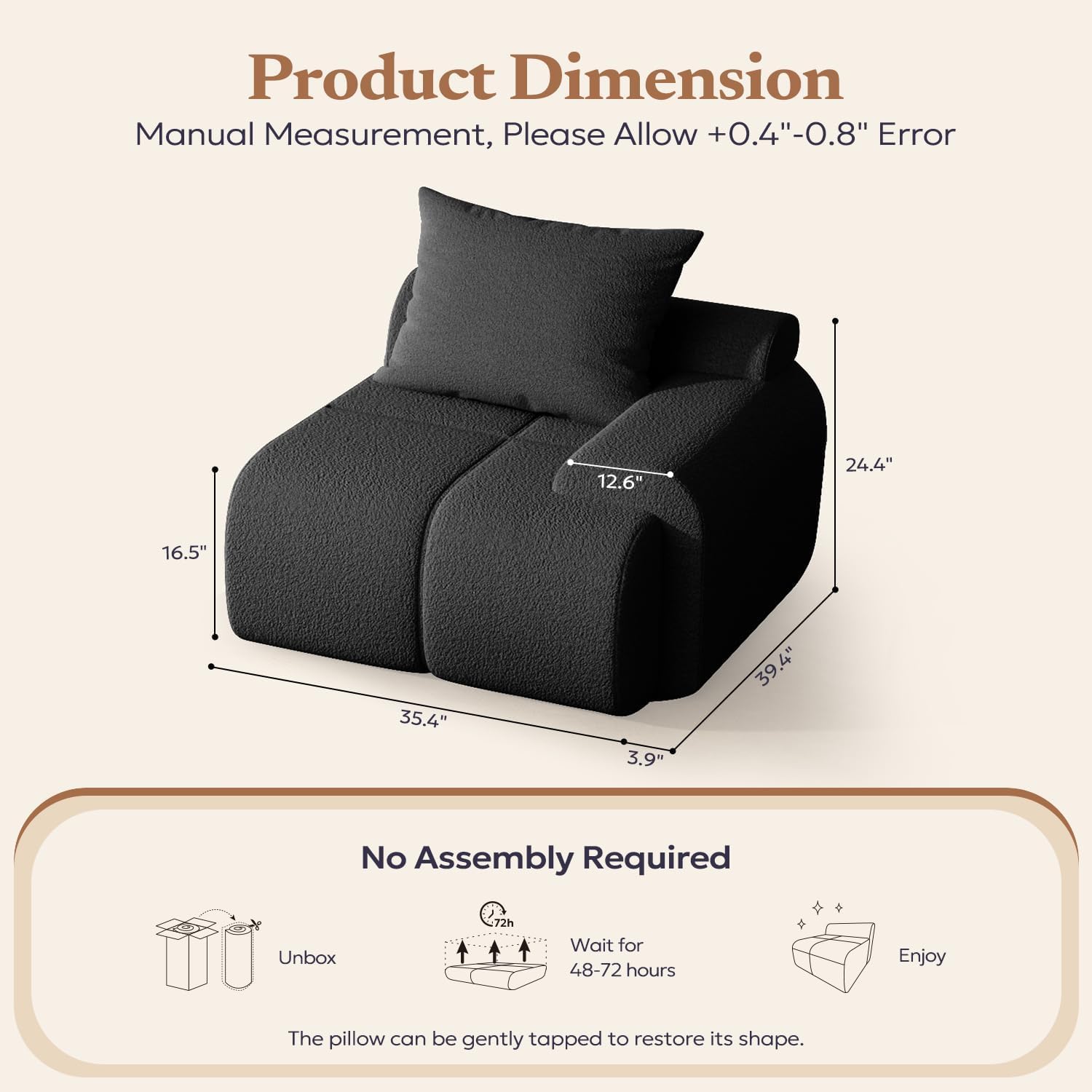 Cloud-Loaf Single Arm Sofa Chair Modular Sectional Component Right Arm 39" Wide Deep Seat Floor Couch Boneless Memory Foam Accent Chair for Bedroom/Living Room No Assembly Black