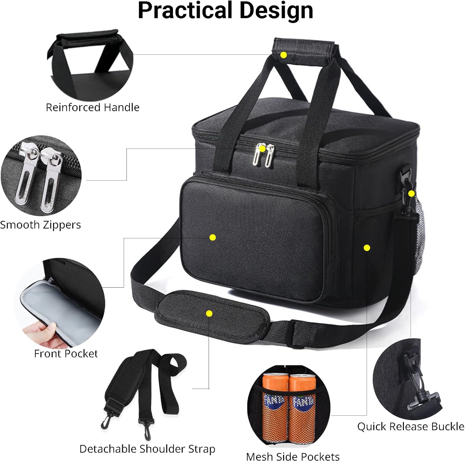 Insulated Lunch Bag for Men & Women, 24-Can Leakproof Large Adult Lunch Box Cooler with Shoulder Strap, Upgraded Thermal Lunchbox for Travel, Beach, Work, Camping & Picnic, Black - Image 5