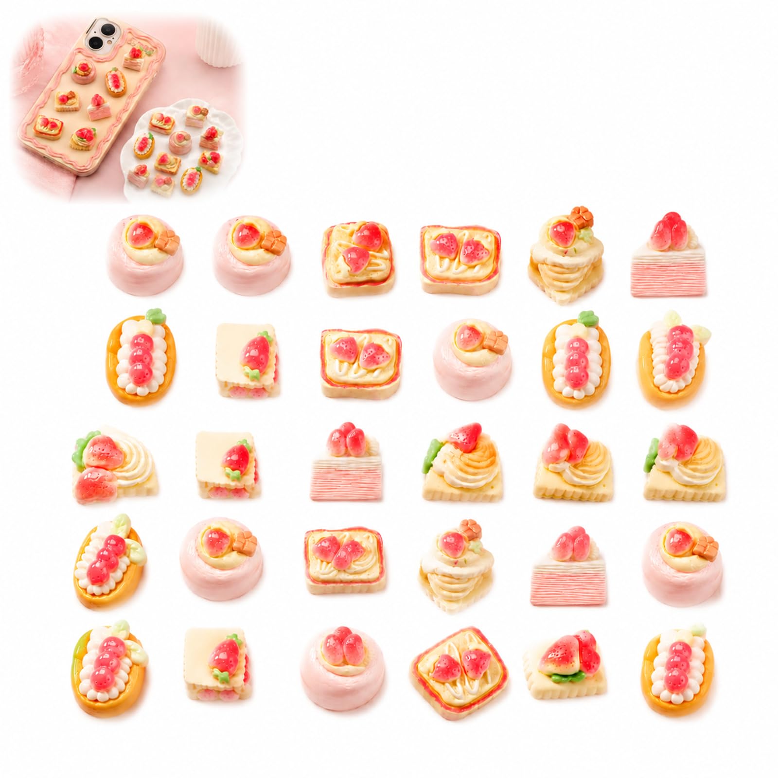30-Piece Strawberry Dessert Resin Cabochons, Flat-Back Charms for Crafts