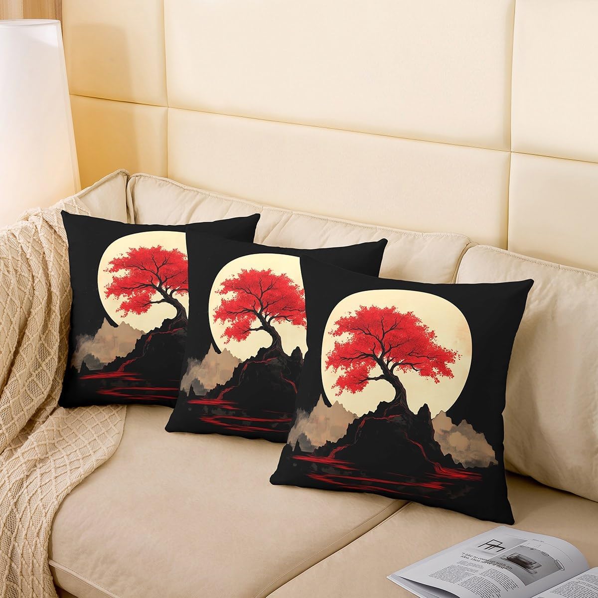 jejeloiu Japanese Throw Pillow Covers 22"x22" Set of 2 Soft Kids Anime Cushion Cases Moon Tree Decor Pillowcases,Polyester image 4