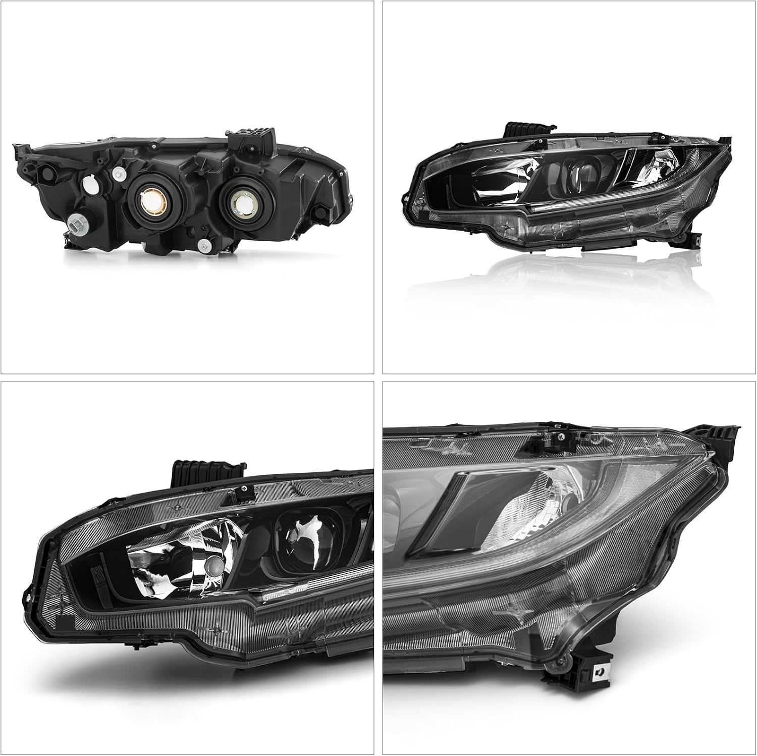 Headlight Assembly Fit for 2016-2021 Honda Civic,Halogen Type,with DRL, Black chrome Housing,Without Bulb. One pair. Replacement OE# LH33150TBAA31 HO2502192 AND OE#RH 33100TBAA31 HO2503192