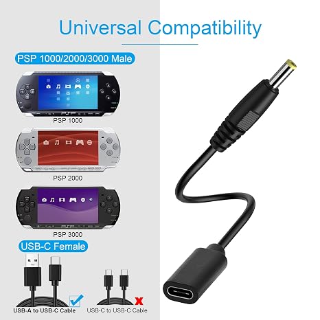PSP Charger USB C, USB Type C Adapter for Sony PlayStation Portable PSP 1000 2000 3000 Series Charger Cable