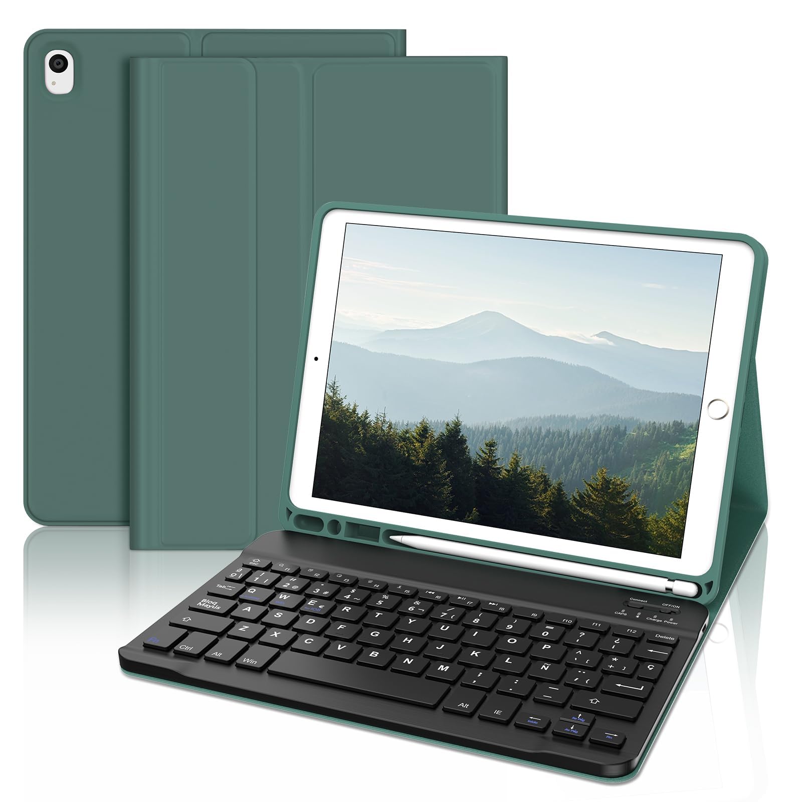 Funda con Teclado para iPad 9a Generación 10.2", Teclado Bluetooth Desmontable con Funda y Portalápices para iPad 9a Gen 2021/8a Gen 2020/7a Gen 2019/iPad Pro 10.5 2017 y iPad Air 3 2019-Verde Oscuro