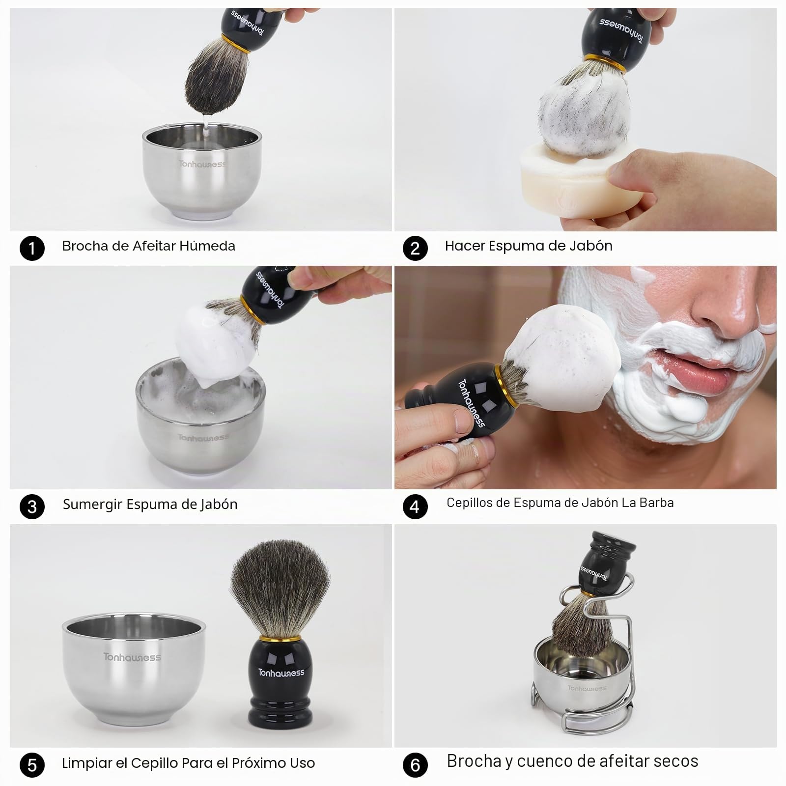 Kit de brochas de afeitar para hombre, juego de brochas de afeitar 4 en 1, incluye cepillo de afeitar de pelo de tejón, cuenco de afeitar de acero inoxidable y soporte y jabón de afeitar