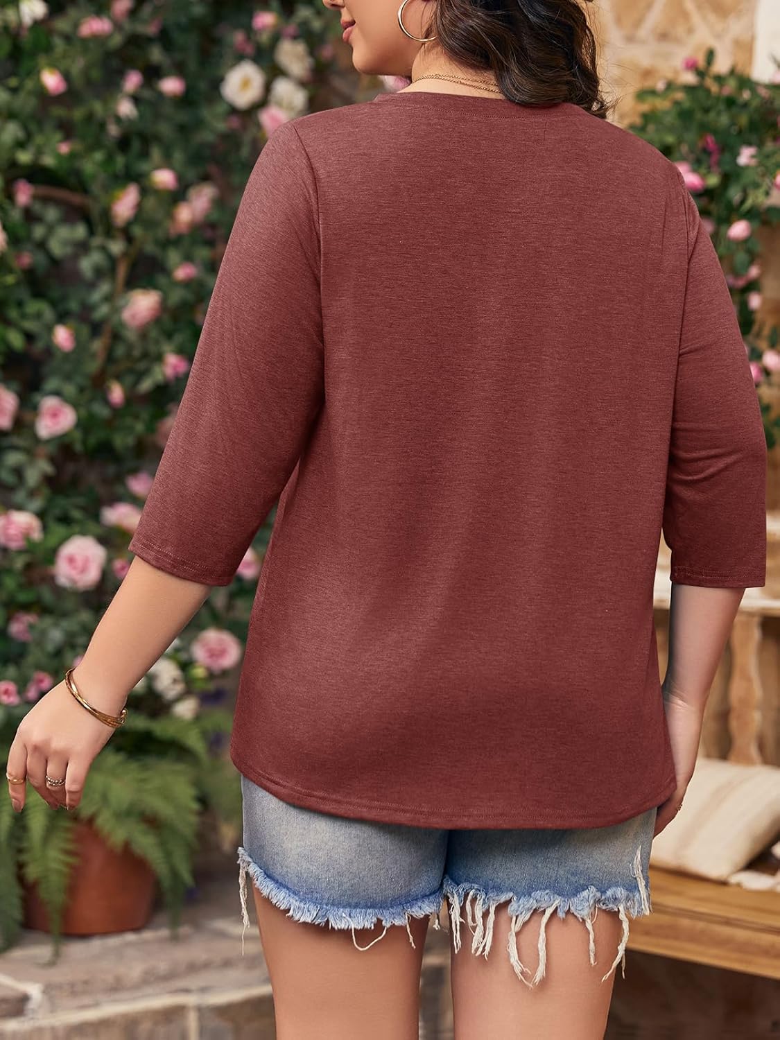 Tankaneo Women Plus Size Tops V Neck 3/4 Sleeve Casual T Shirts Loose Basic Tunic Tees - Image 2