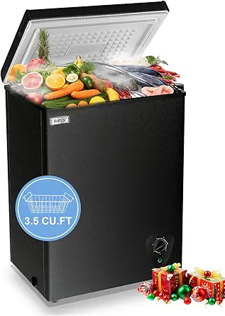 WANAI Chest Freezer 3.5 Cubic Feet Mini Small Deep Freezers with Adjustable Thermostat Top Open Door Freezer Compressor Cooling with Rmovable Storage Basket for Home, Kitchen and Office, Black