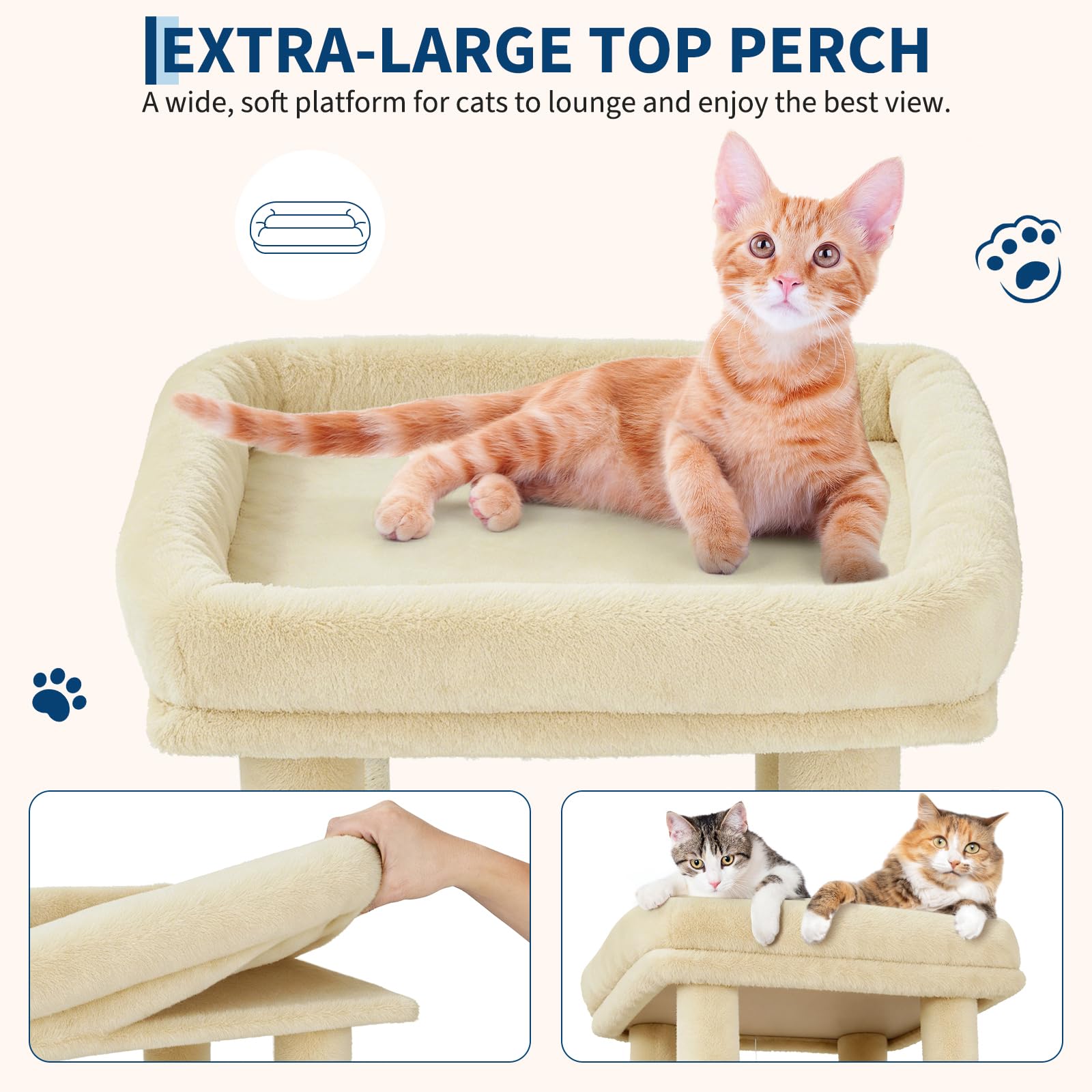 Albero Tiragraffi per Gatti, 72x45x156cm, Torre Multi-livello con Piattaforma Extra-large, Condomini Spaziosi, Pali Robusti in Sisal Naturale, Area Giochi per Maine Coon - Beige