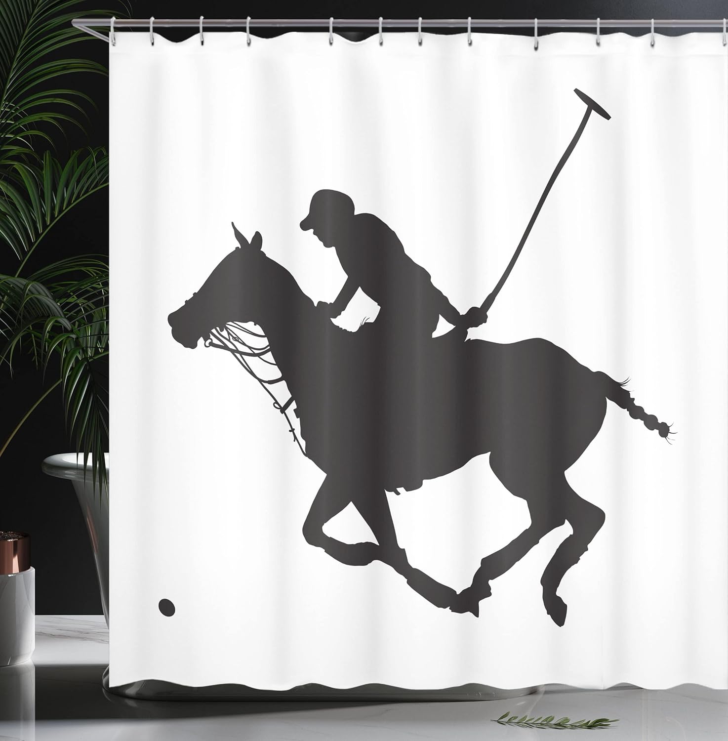 Ambesonne Sports Shower Curtain, Silhouette Illustration of Polo Player on a Horse Hitting a Ball Print, Cloth Fabric Bathroom Decor Set with Hooks, 69" W x 70" L, Charcoal Grey and White
