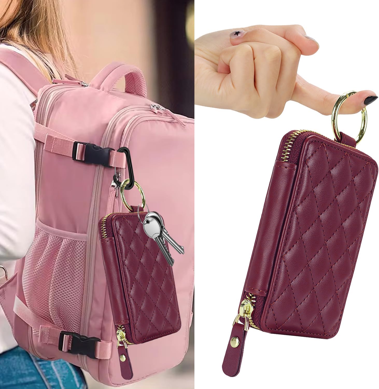Compatible with MagSafe Wallet,Magnetic Phone Wallet Card Holder for iPhone 17/16 Pro Max/15 Pro/14 Plus/13/12 Series,PU Leather Zipper Pocket Adjustable Stand-Rose red