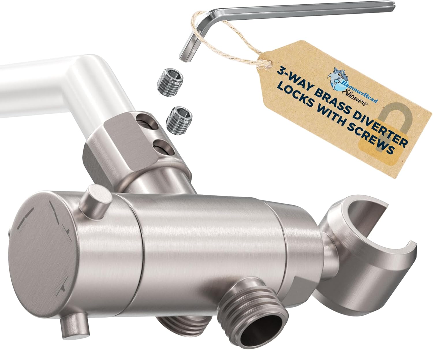 HammerHead Showers Solid Metal 3-Way Shower Diverter Valve with Shower Head Holder, Universal Splitter for Handheld Spray Wand and Rain Showerhead, Brushed Nickel